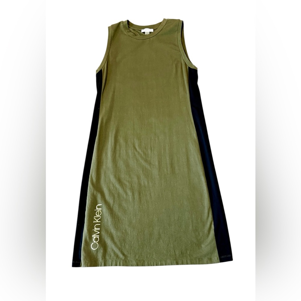 CALVIN KLEIN‎ Short Sleeve Olive Black Color Block Logo T-shirt Dress Size Small